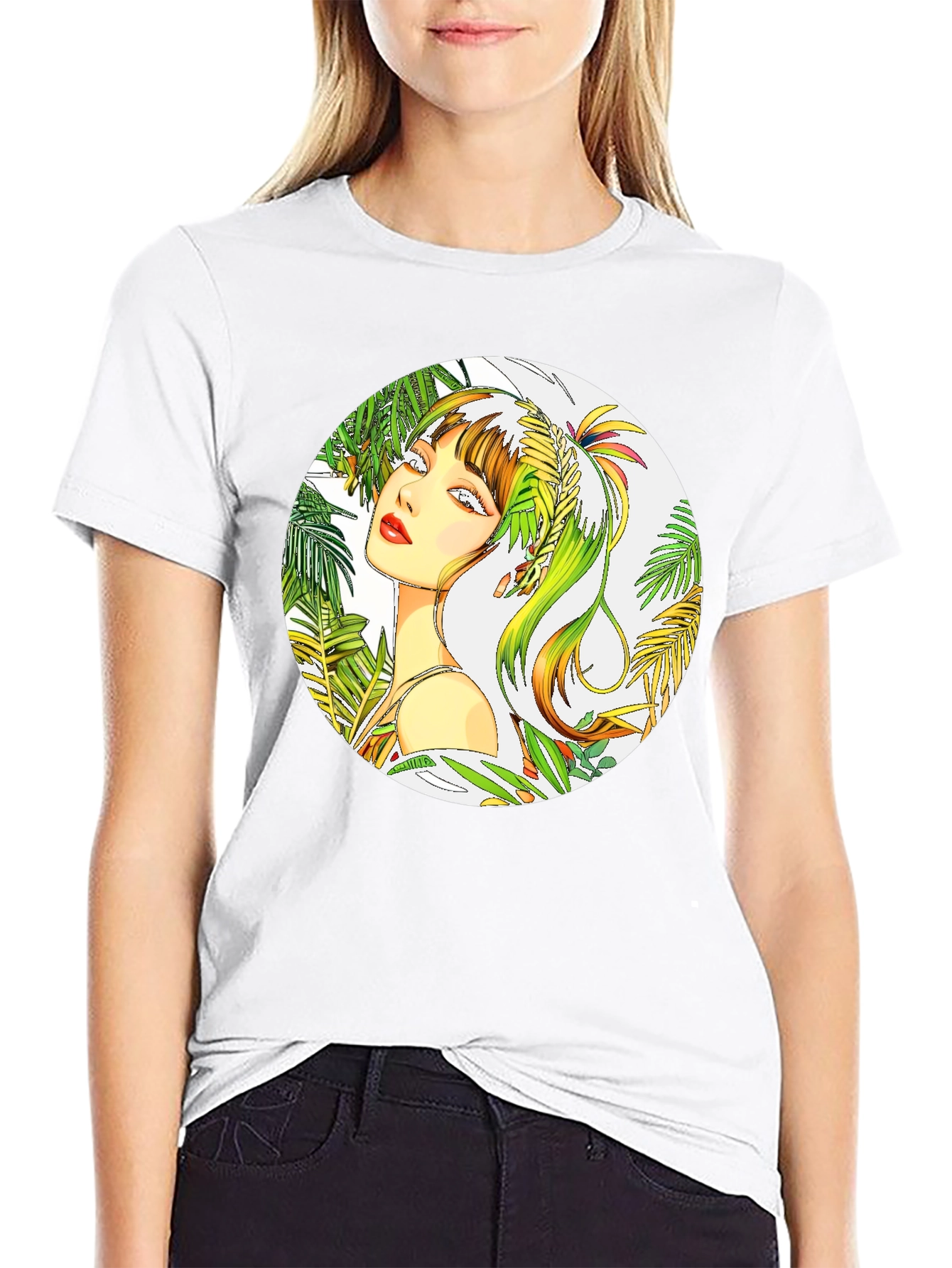 Tropical Woman Graphic Tee - Stylish Round Print