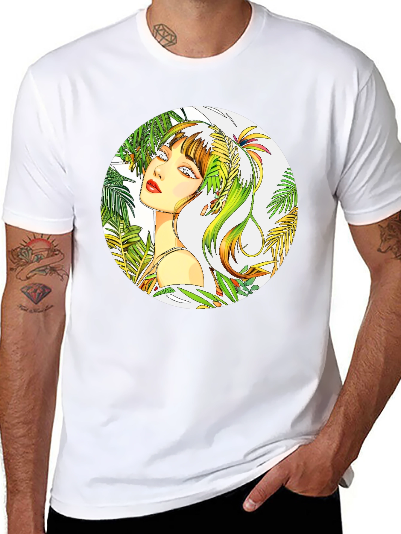 Tropical Woman Graphic Tee - Stylish Round Print