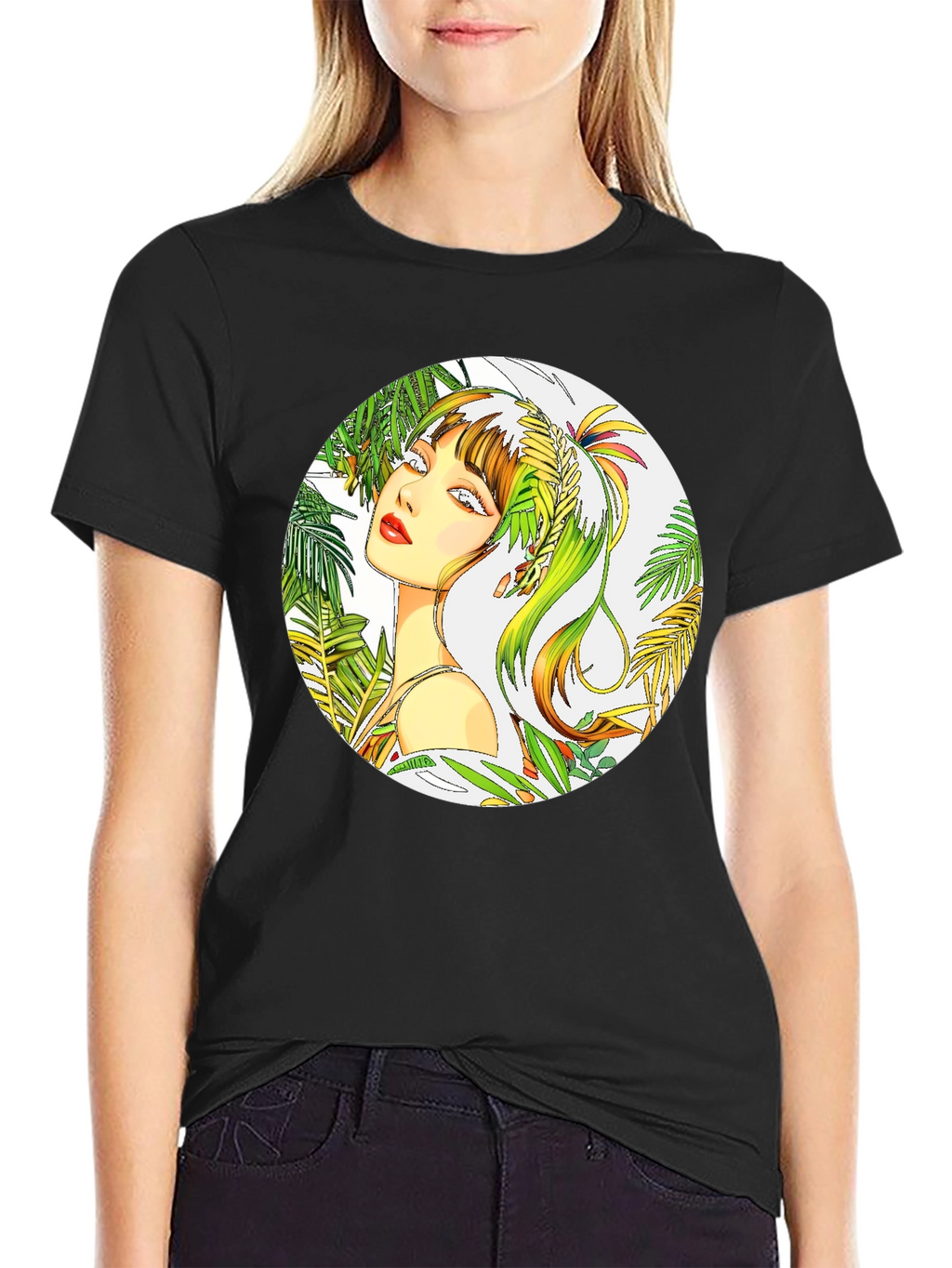 Tropical Woman Graphic Tee - Stylish Round Print