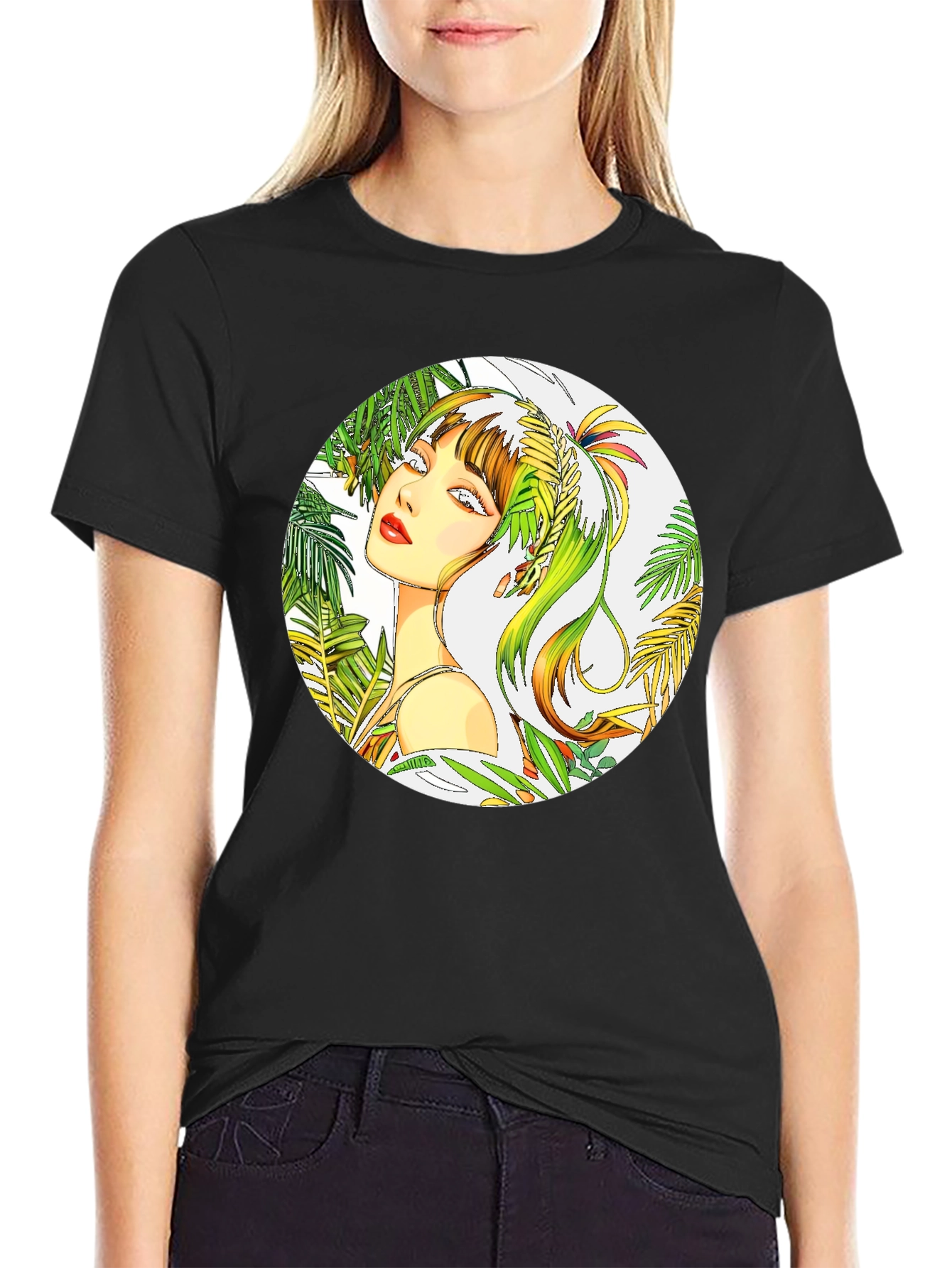 Tropical Woman Graphic Tee - Stylish Round Print