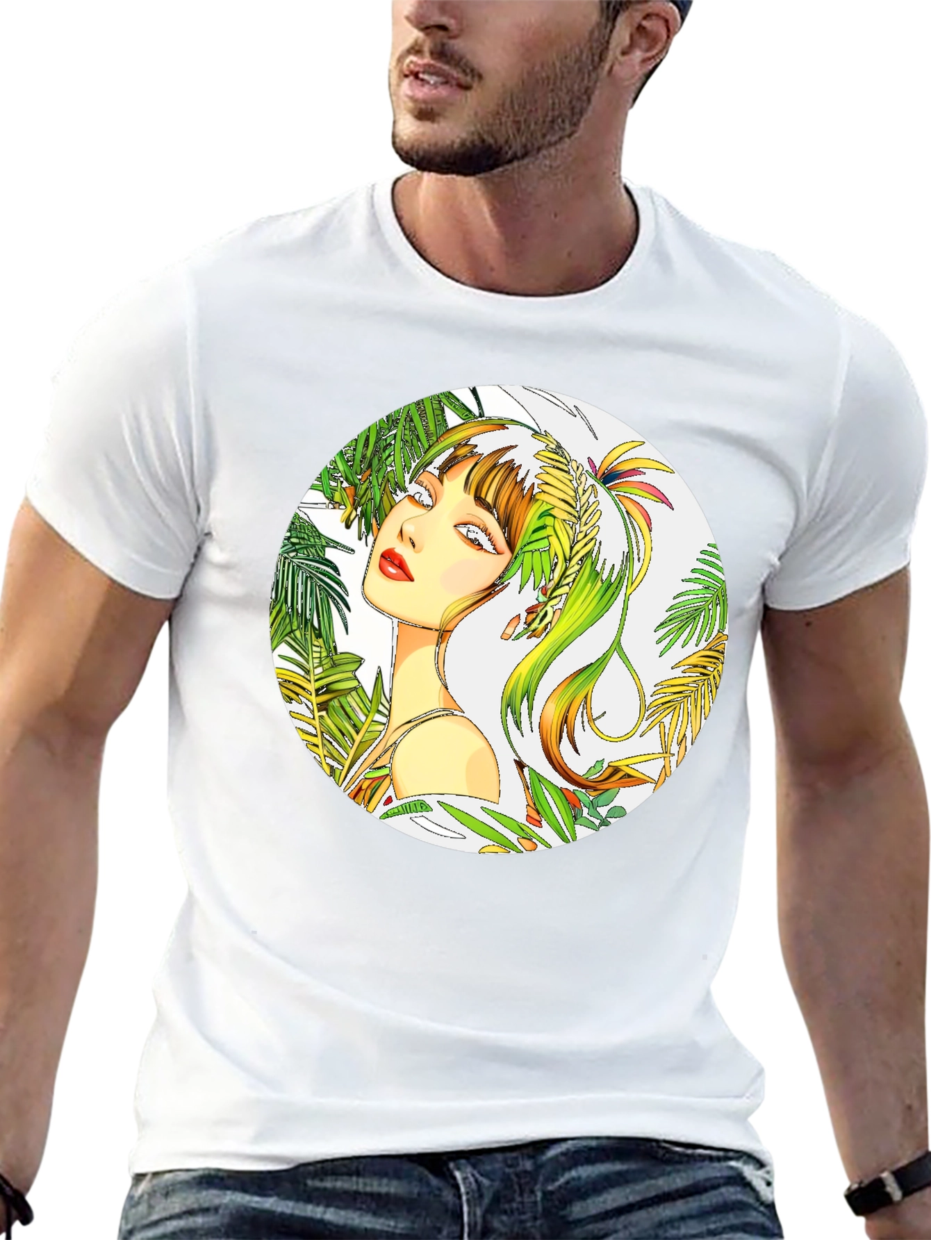 Tropical Woman Graphic Tee - Stylish Round Print