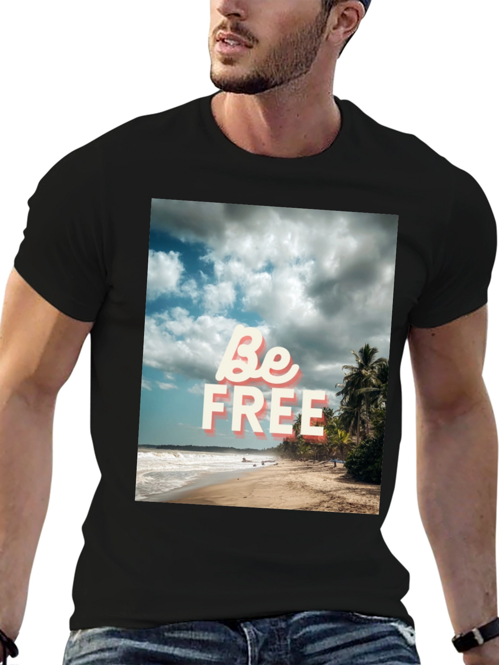 Be Free Beach Graphic Tee - Black Cotton T-Shirt