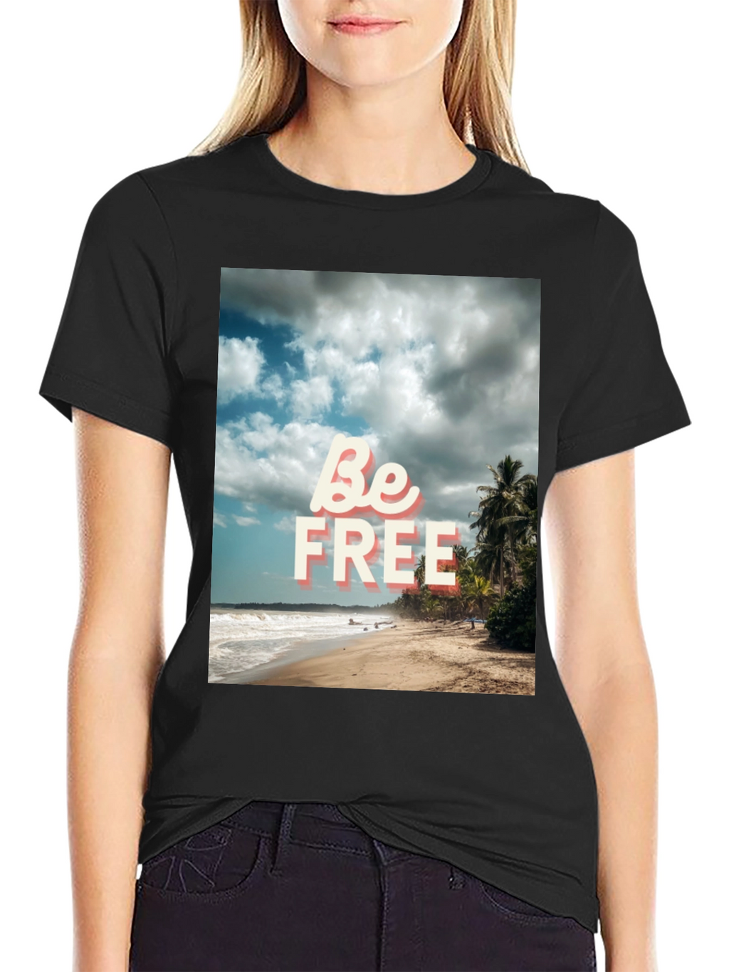 Be Free Beach Graphic Tee - Black Cotton T-Shirt