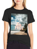 Be Free Beach Graphic Tee - Black Cotton T-Shirt
