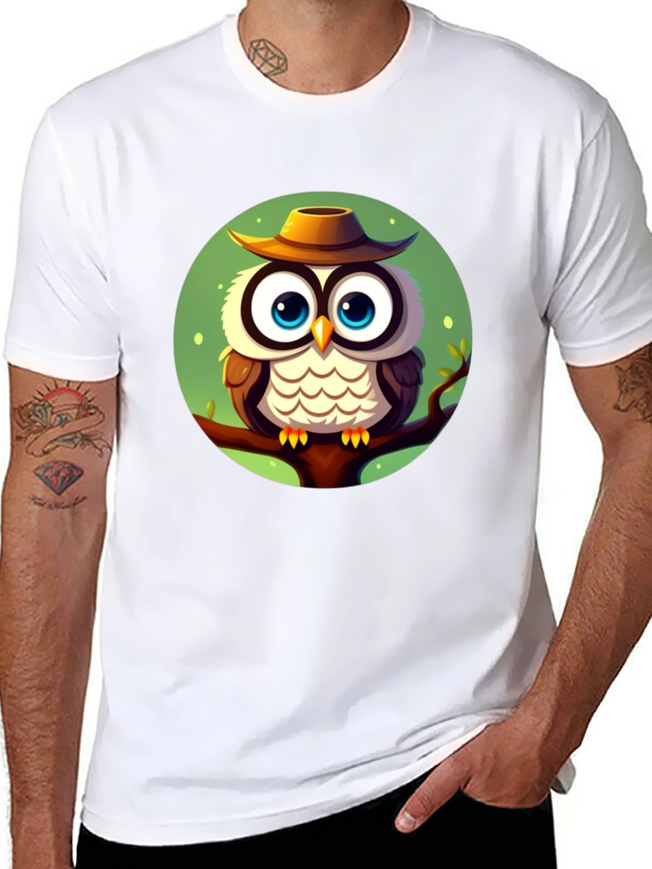 Owl with Hat Graphic Tee - Mens Black T-Shirt