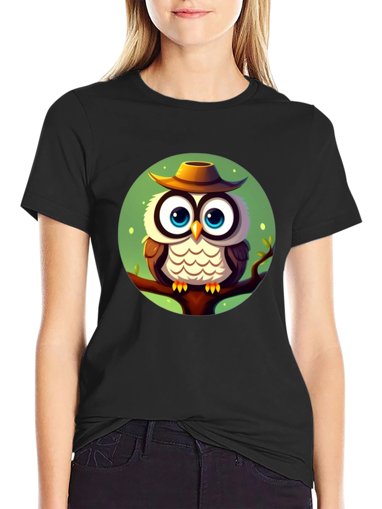 Owl with Hat Graphic Tee - Mens Black T-Shirt