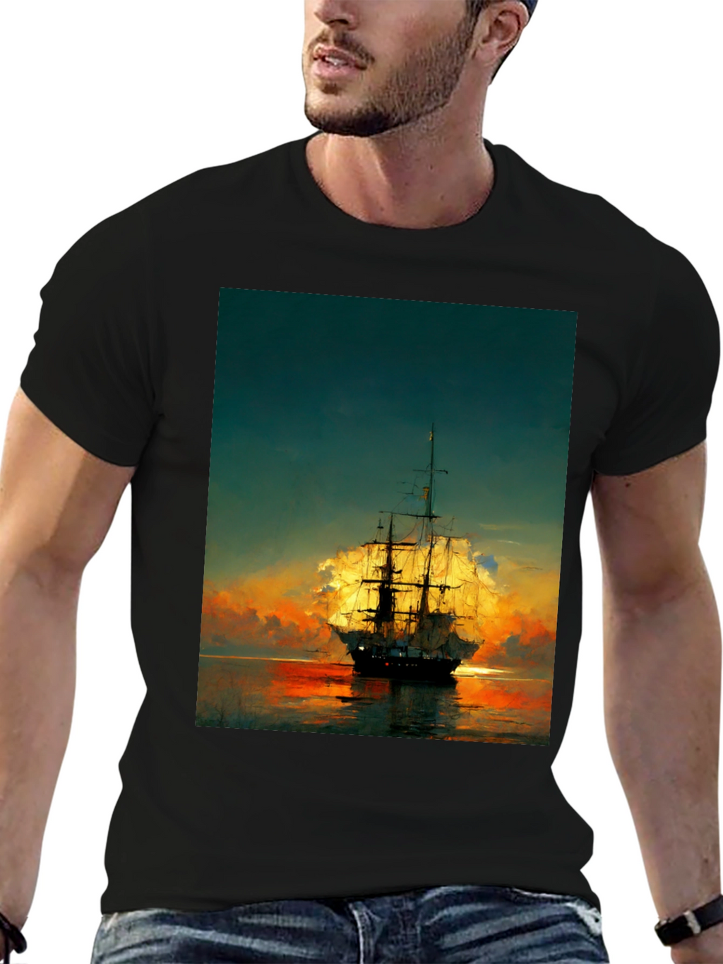 Sailing Ship Sunset Graphic T-Shirt