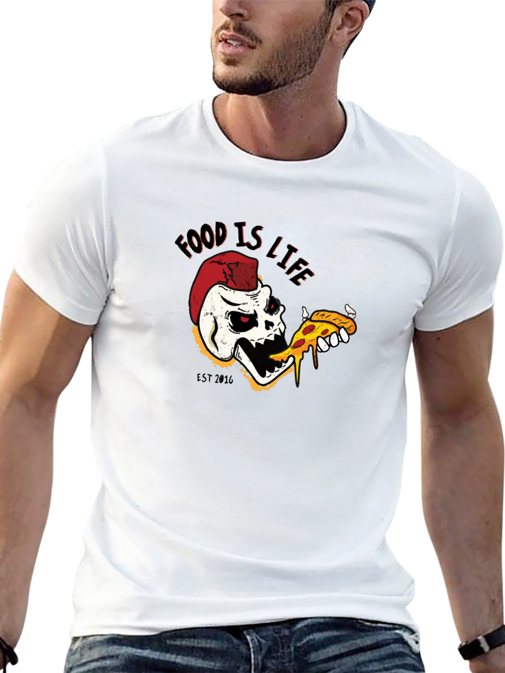 Food is Life Skull Pizza T-Shirt - Black