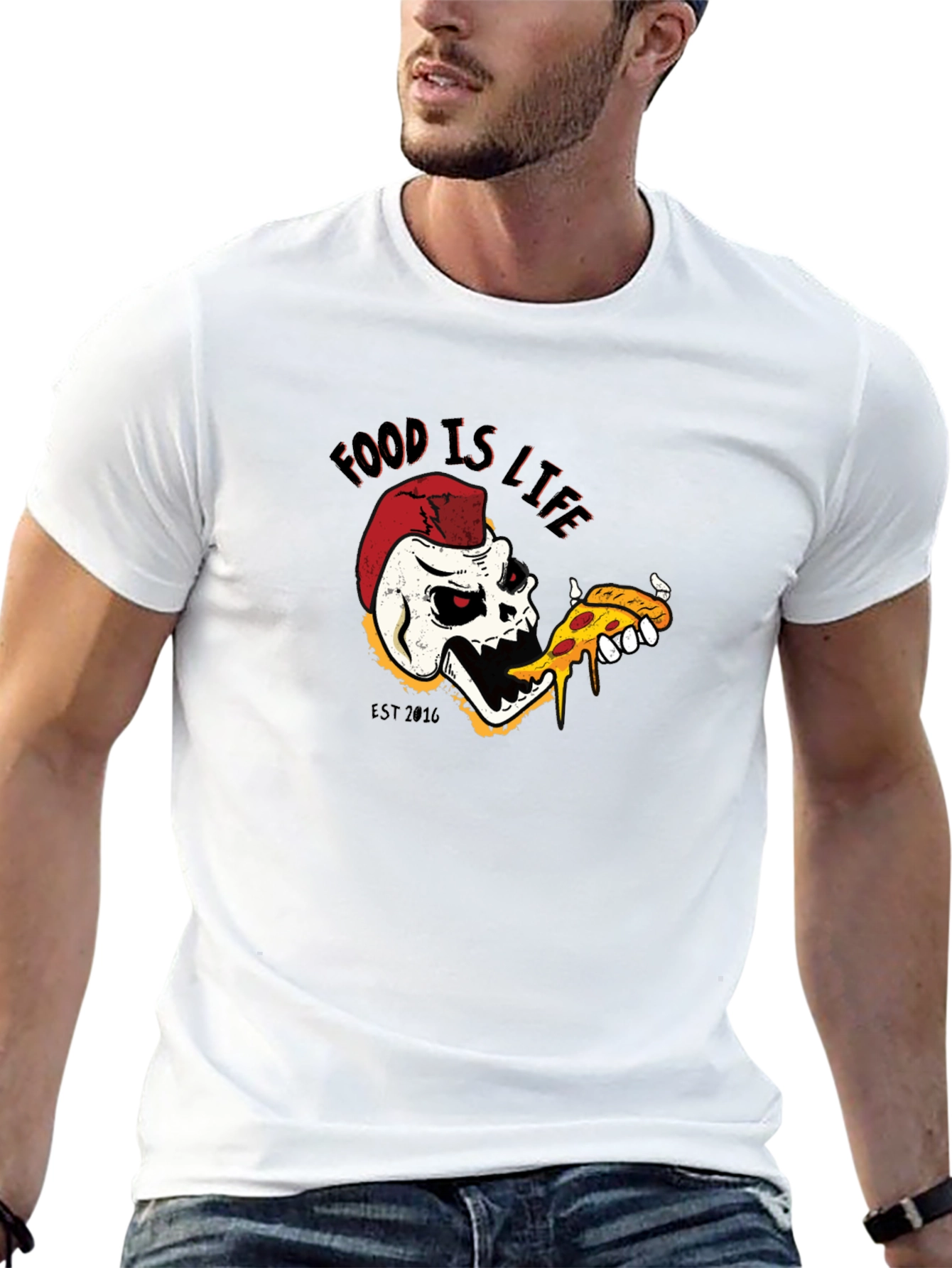 Food is Life Skull Pizza T-Shirt - Black