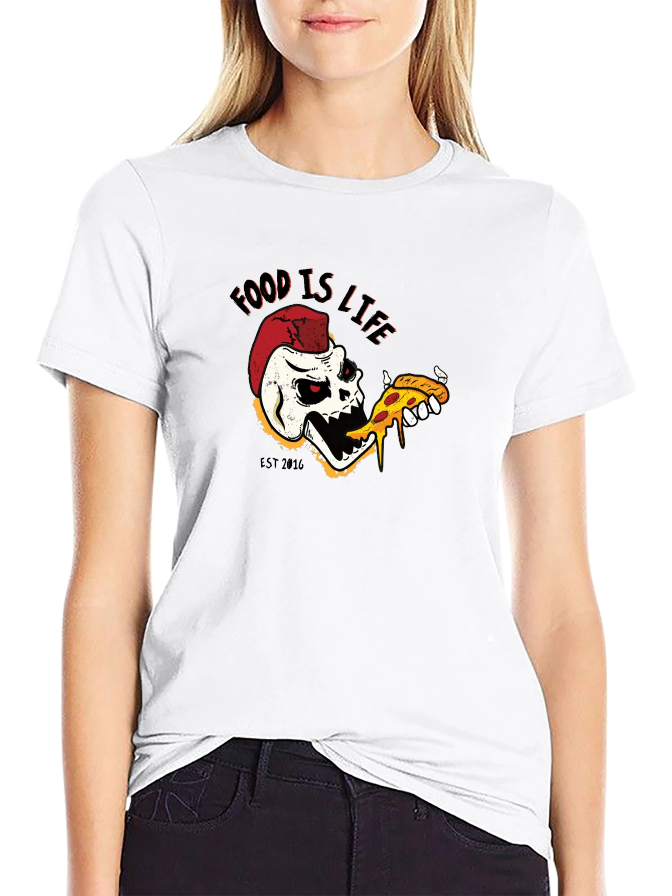 Food is Life Skull Pizza T-Shirt - Black