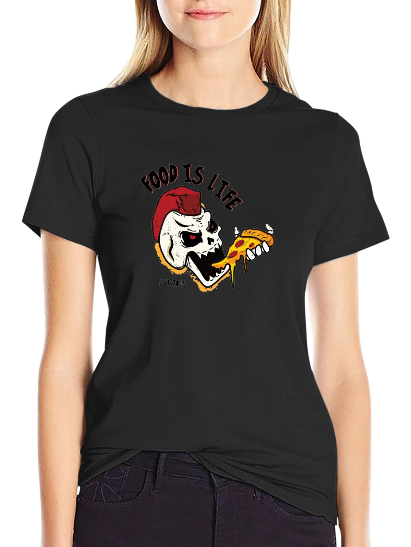 Food is Life Skull Pizza T-Shirt - Black