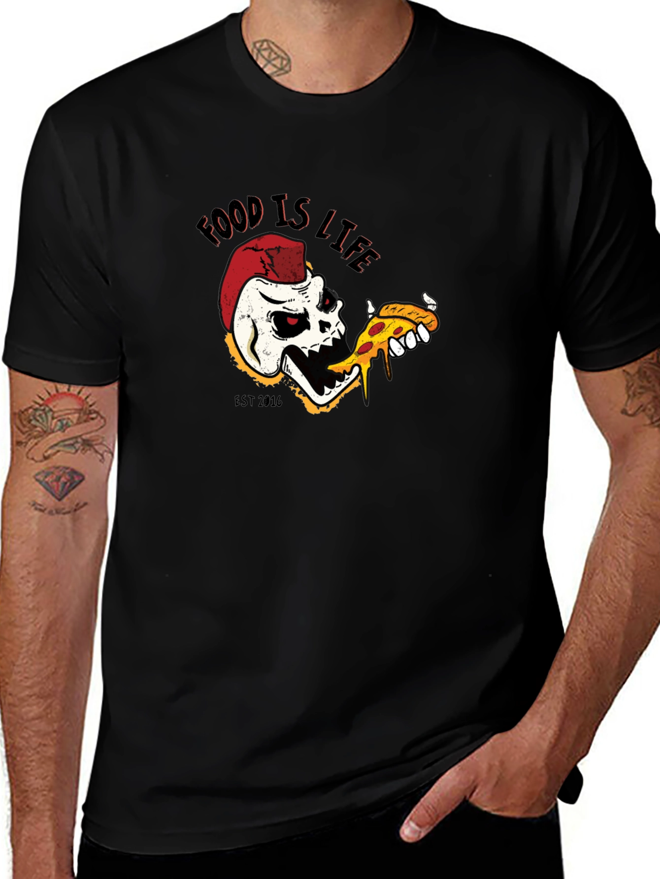 Food is Life Skull Pizza T-Shirt - Black