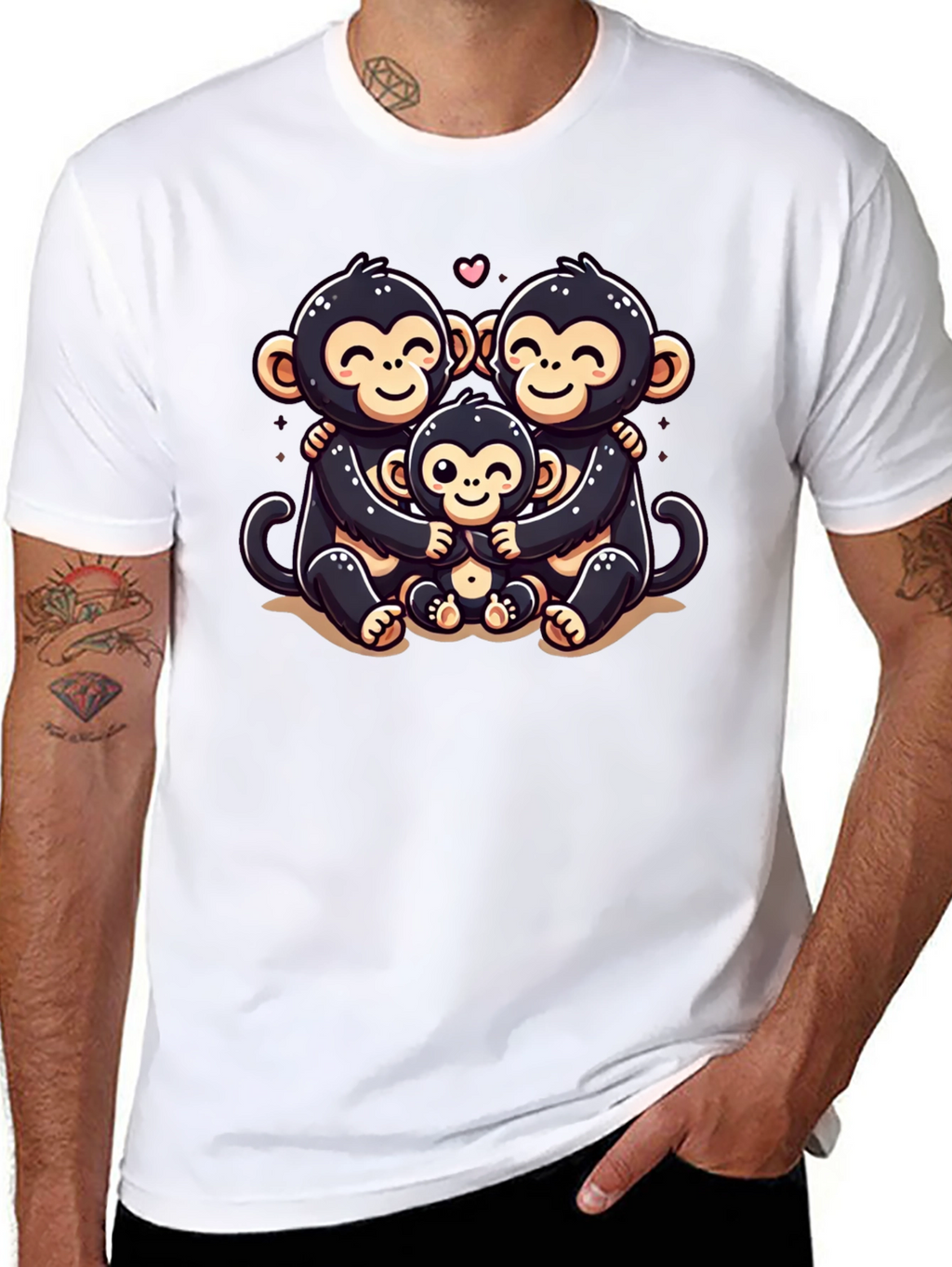 Cute Monkey Family Hug Black T-Shirt