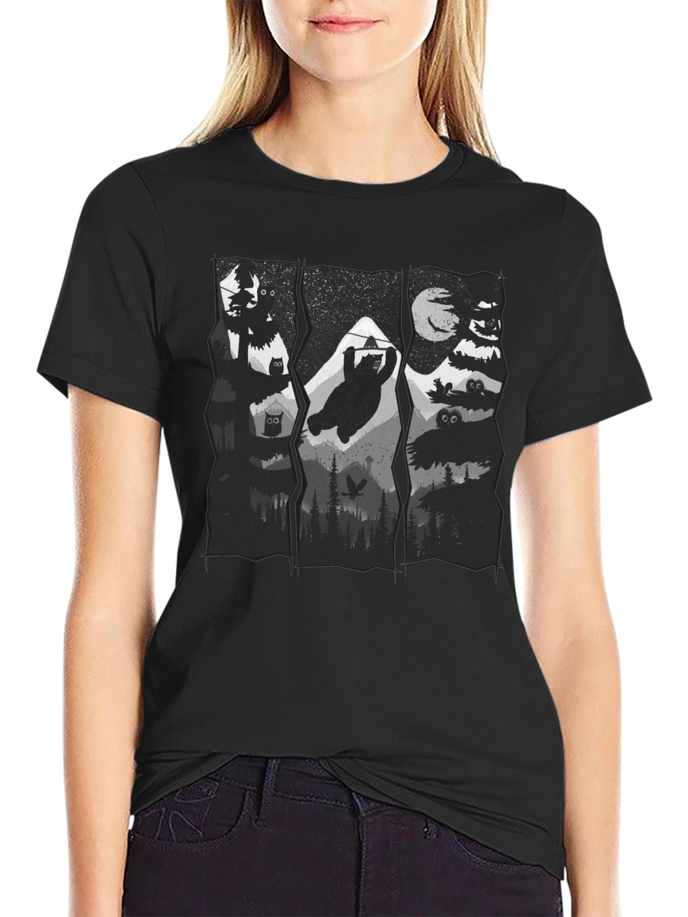 Mens Black Graphic Print Nature T-Shirt