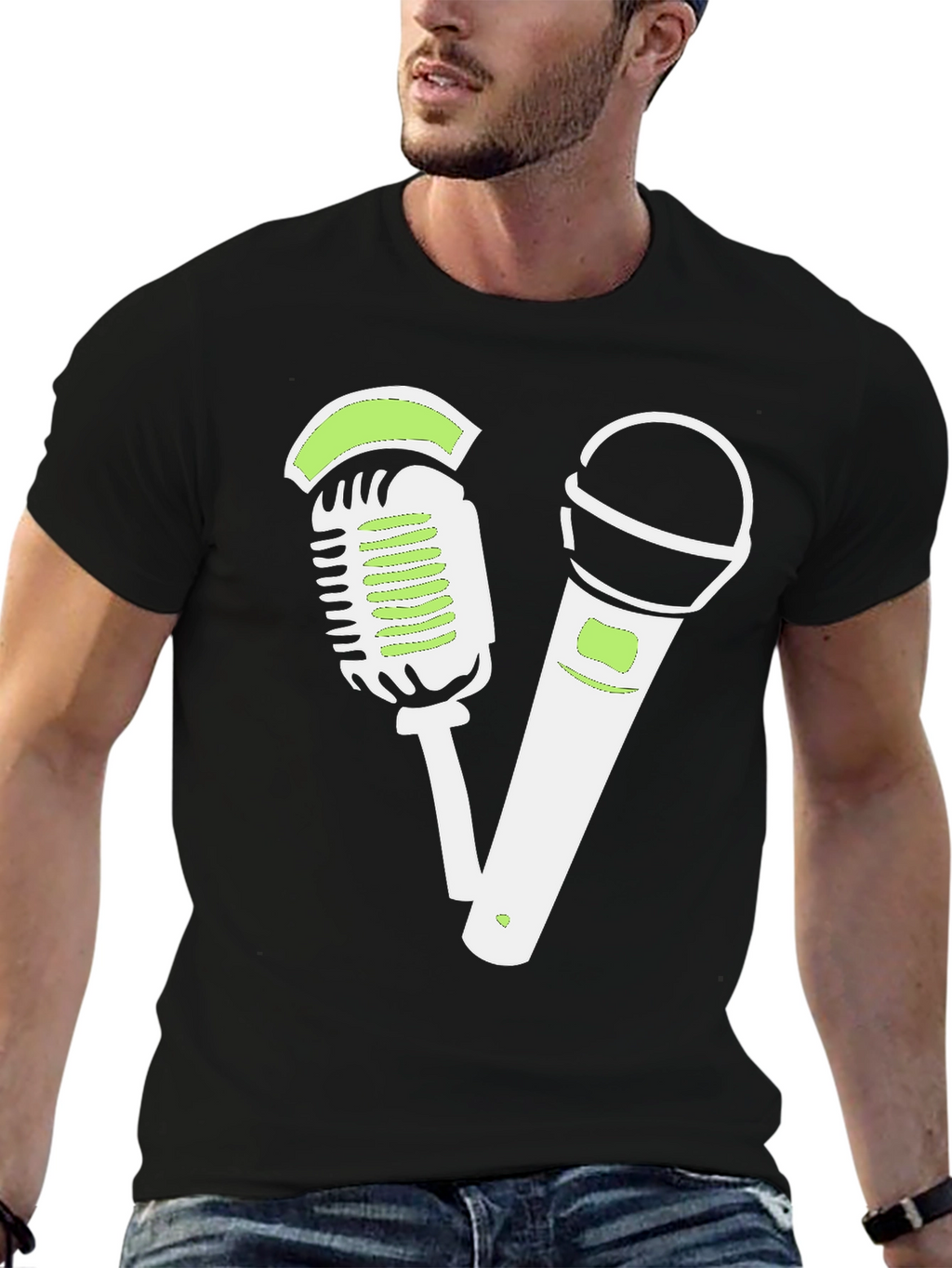 Retro Mic Graphic Tee - Black Cotton Shirt