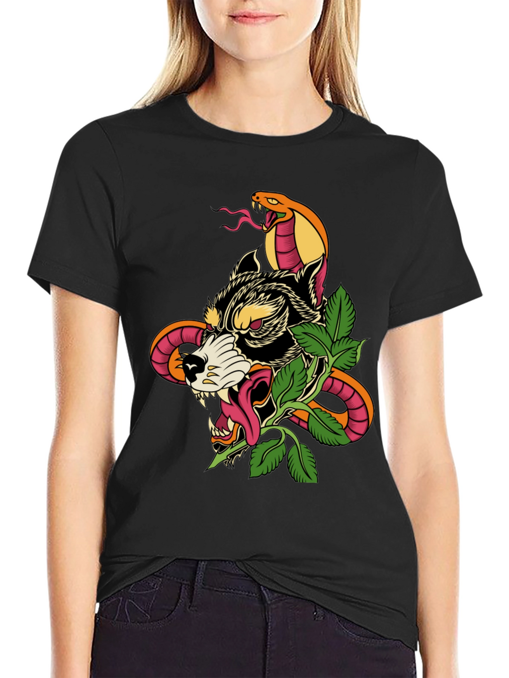 Wolf & Snake Graphic Tee - Mens Black T-Shirt