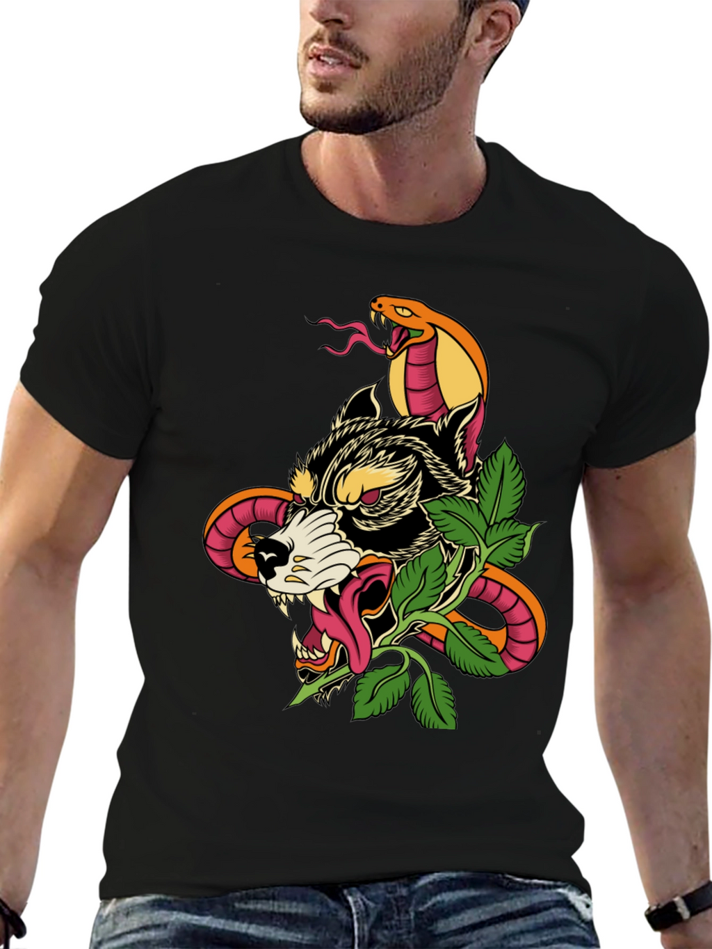 Wolf & Snake Graphic Tee - Mens Black T-Shirt