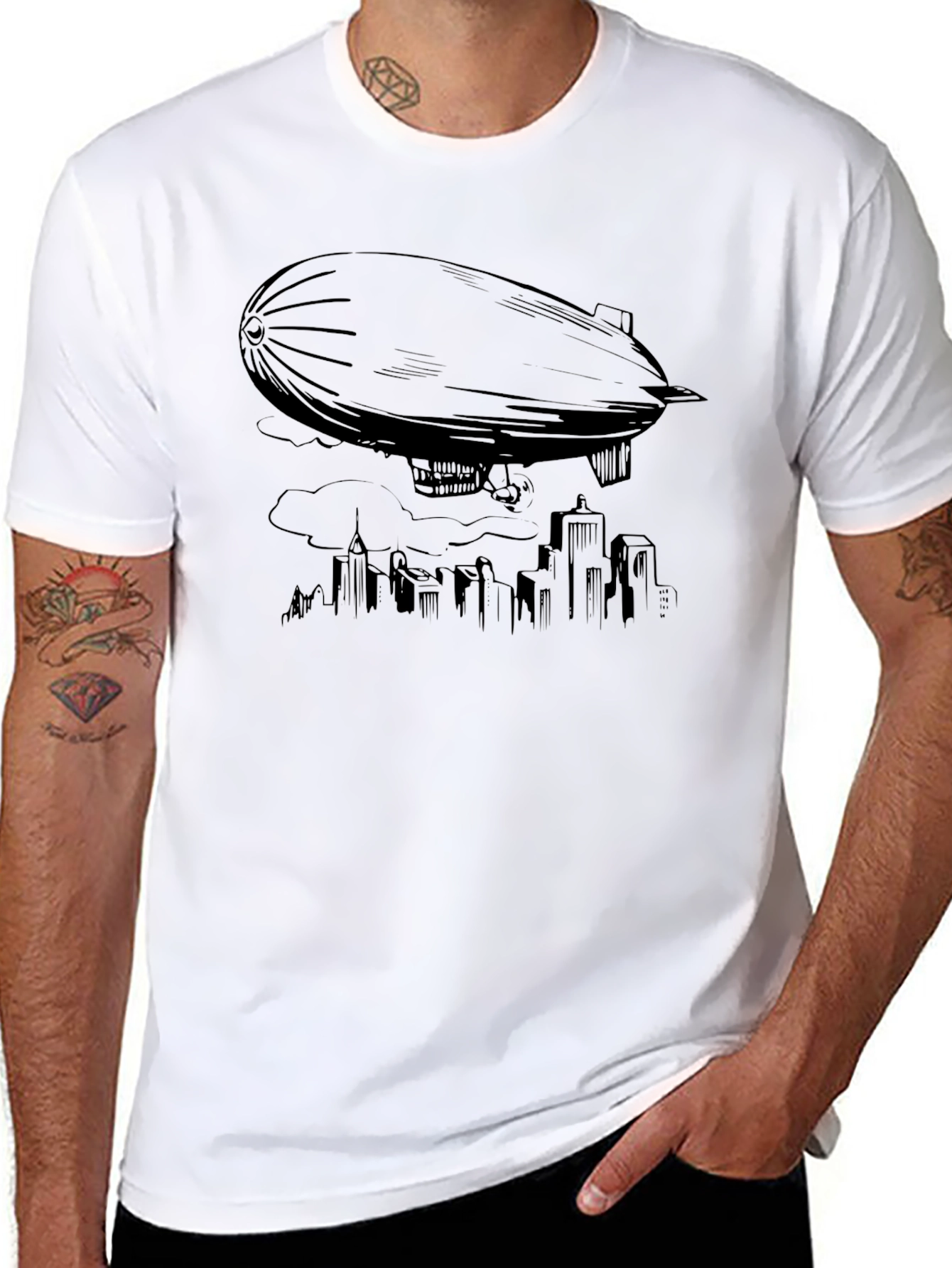 Airship Over City T-Shirt - Black Graphic Tee