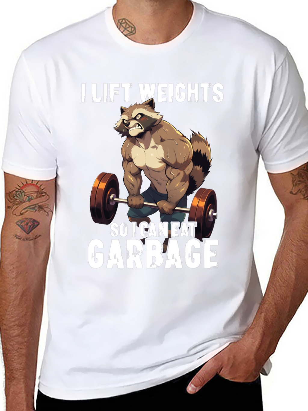 Funny Raccoon Lifting Weights Graphic T-Shirt