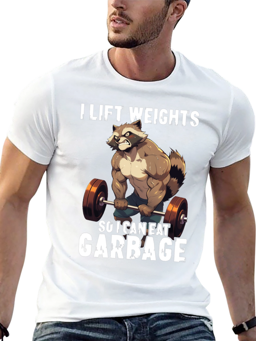Funny Raccoon Lifting Weights Graphic T-Shirt