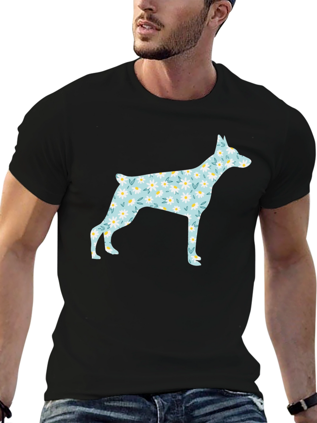 Floral Dog Silhouette Black T-Shirt