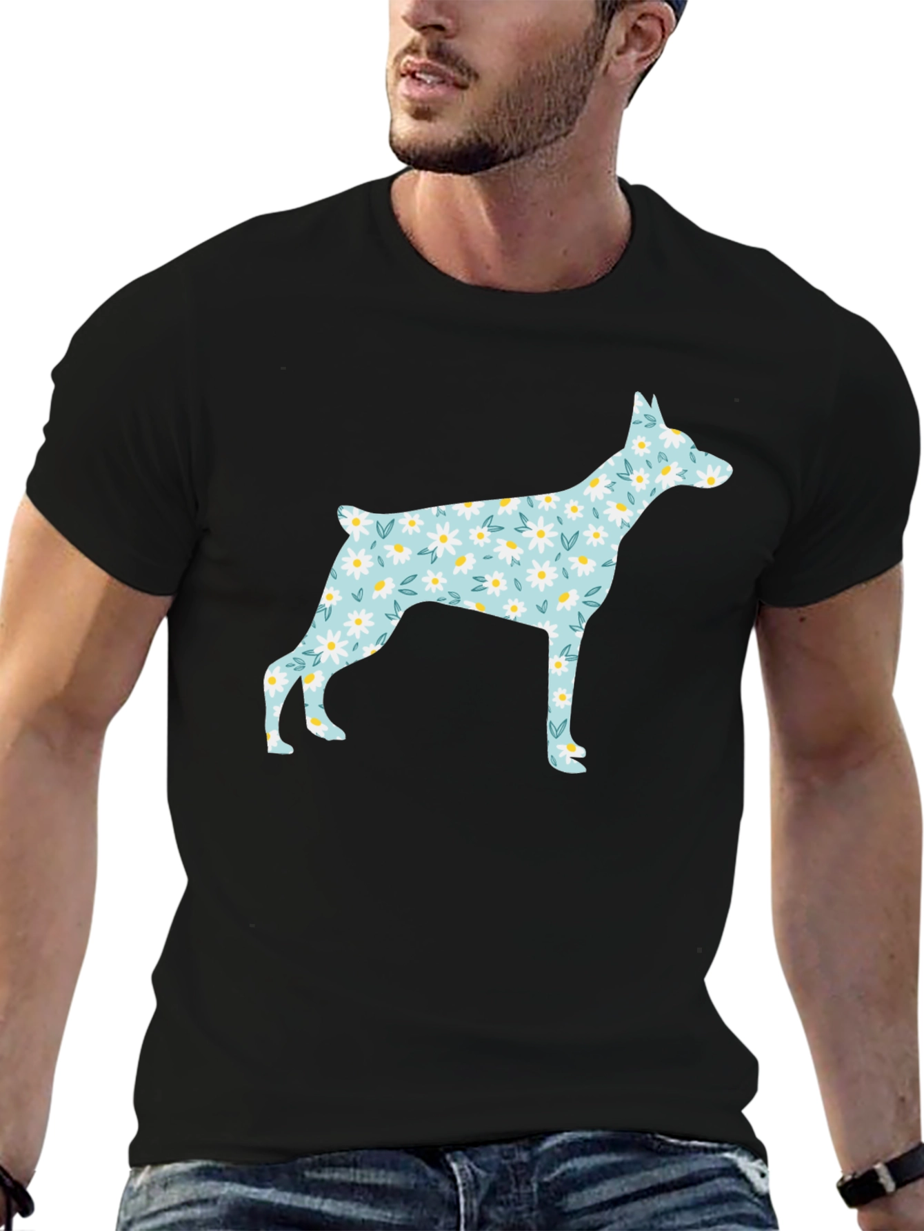 Floral Dog Silhouette Black T-Shirt