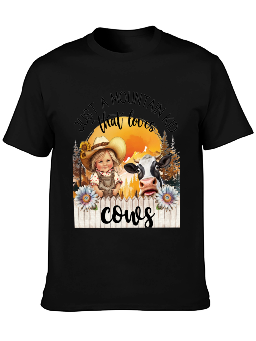 Mountain Kid That Loves Cows Black T-Shirt