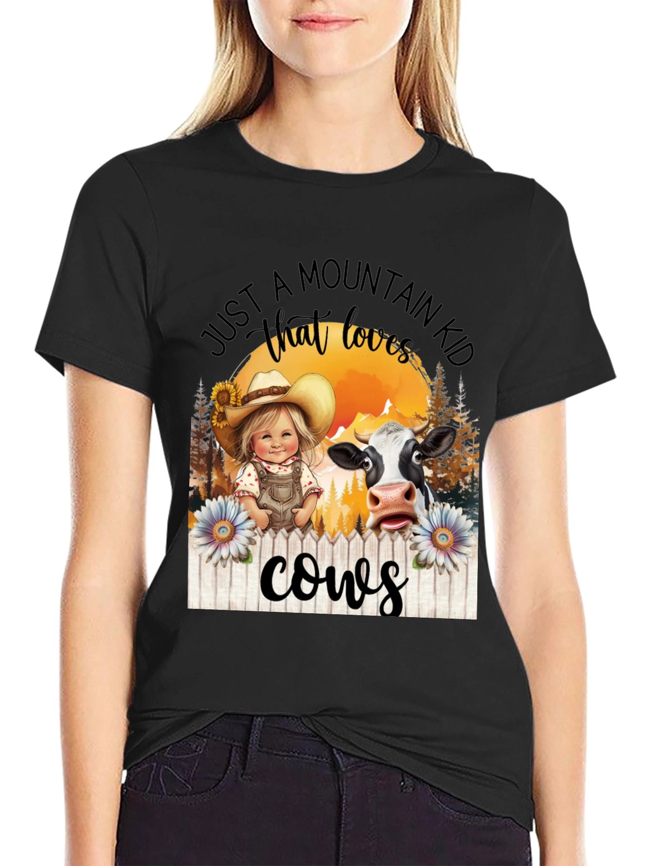 Mountain Kid That Loves Cows Black T-Shirt