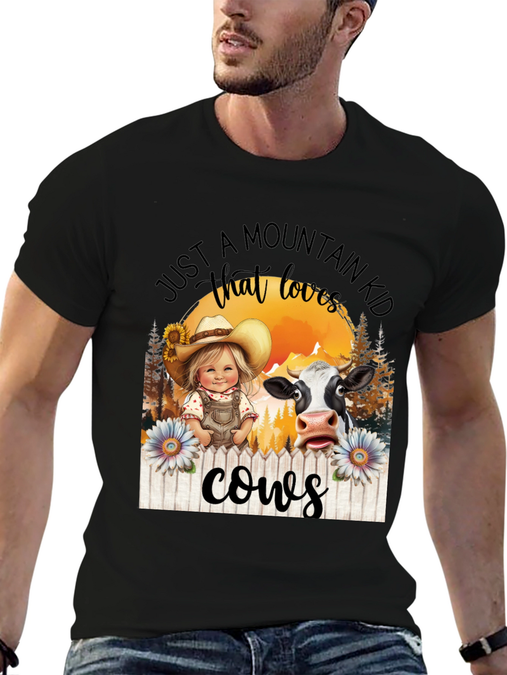 Mountain Kid That Loves Cows Black T-Shirt