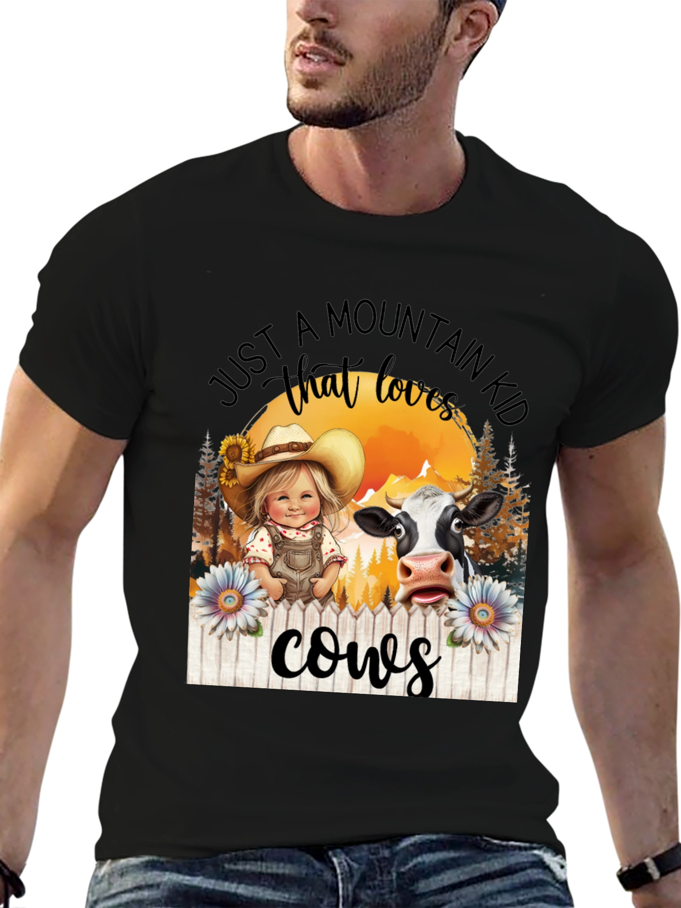 Mountain Kid That Loves Cows Black T-Shirt