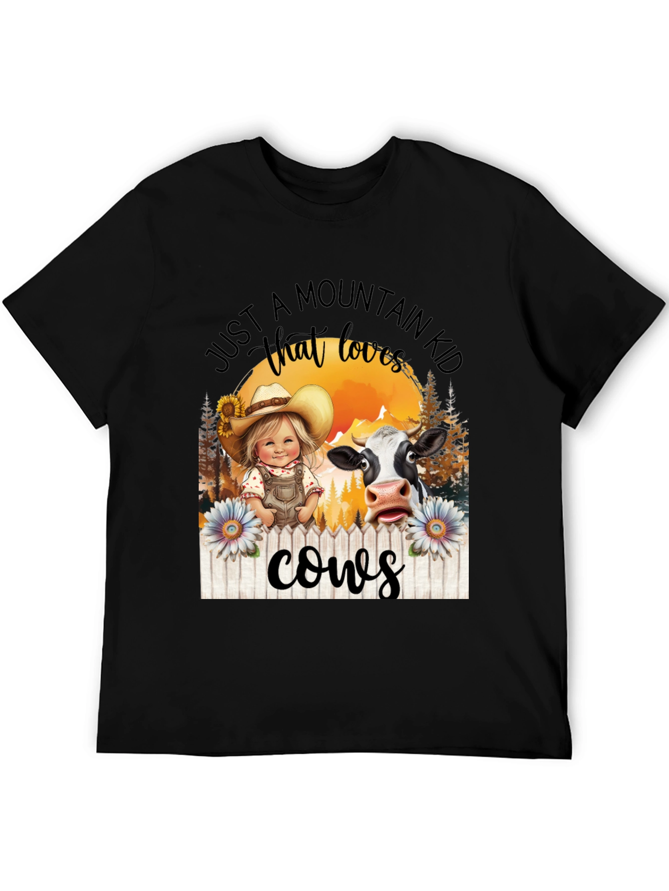 Mountain Kid That Loves Cows Black T-Shirt