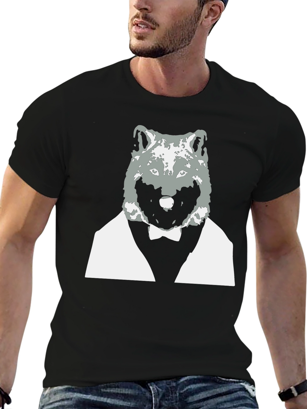 Wolf in Suit Graphic Tee - Cool Black T-Shirt