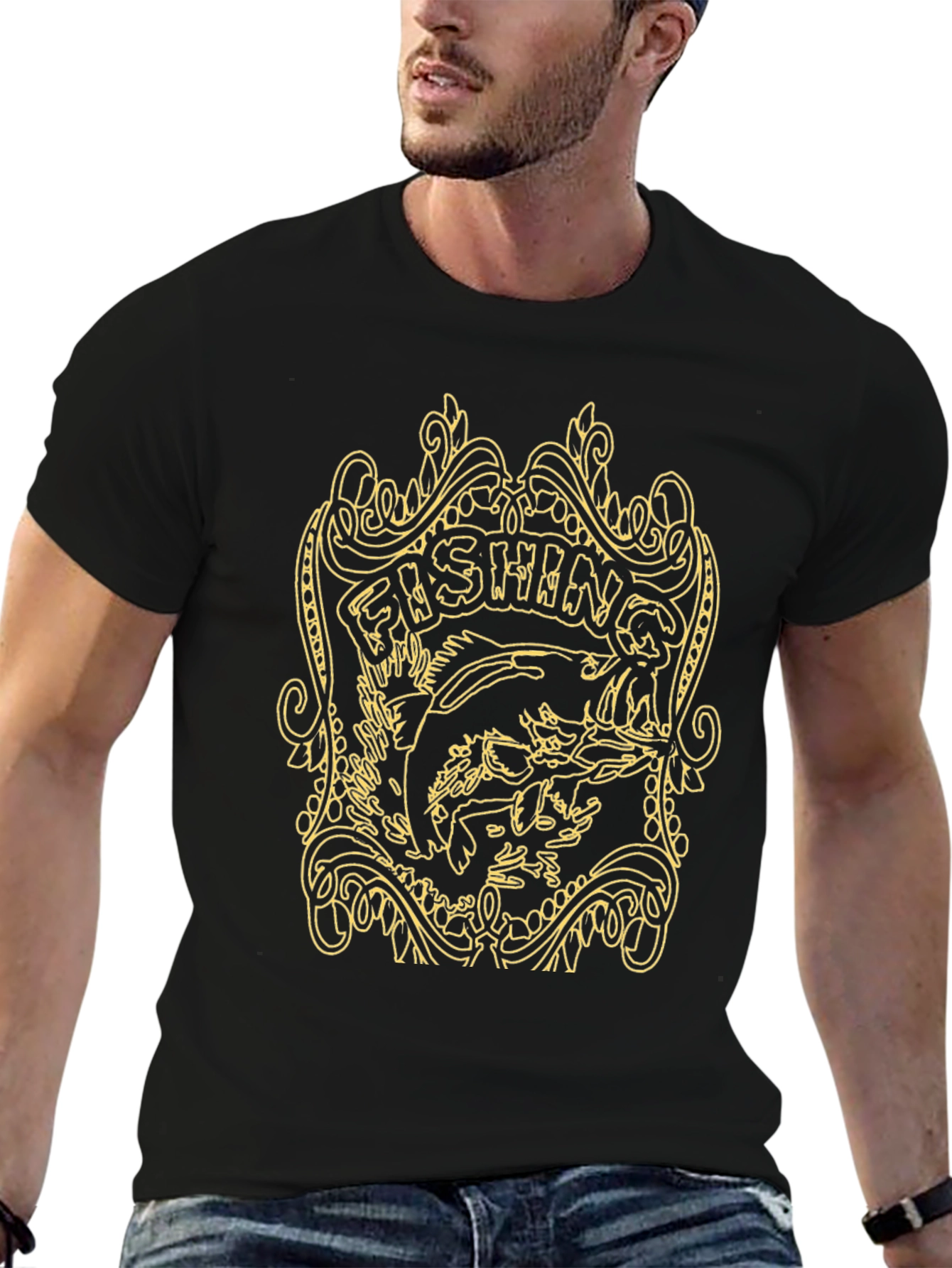 Fishing Graphic Tee - Black Cotton T-Shirt