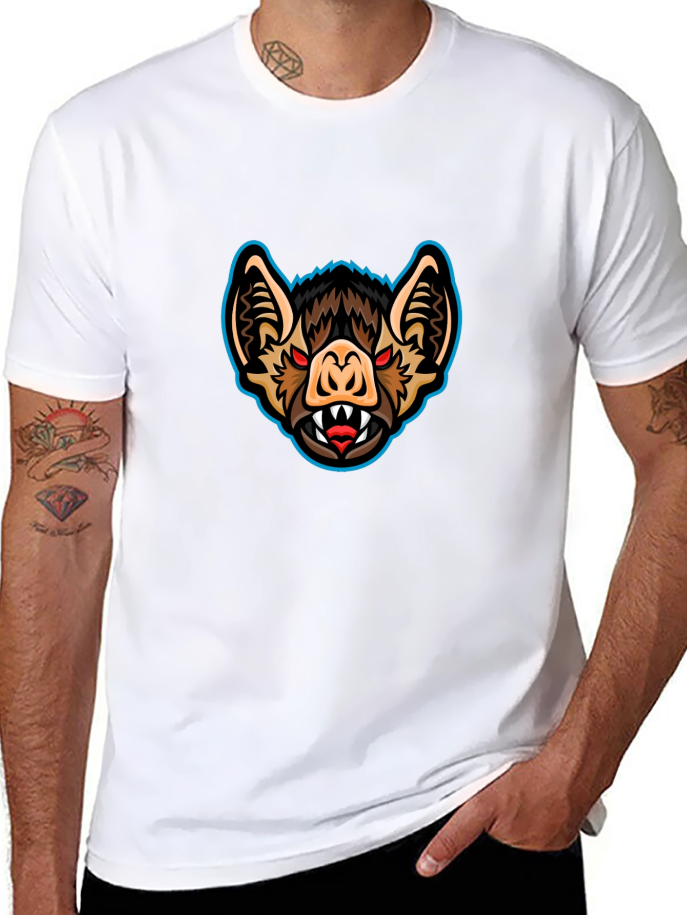 Mens Black T-Shirt with Bat Graphic Print