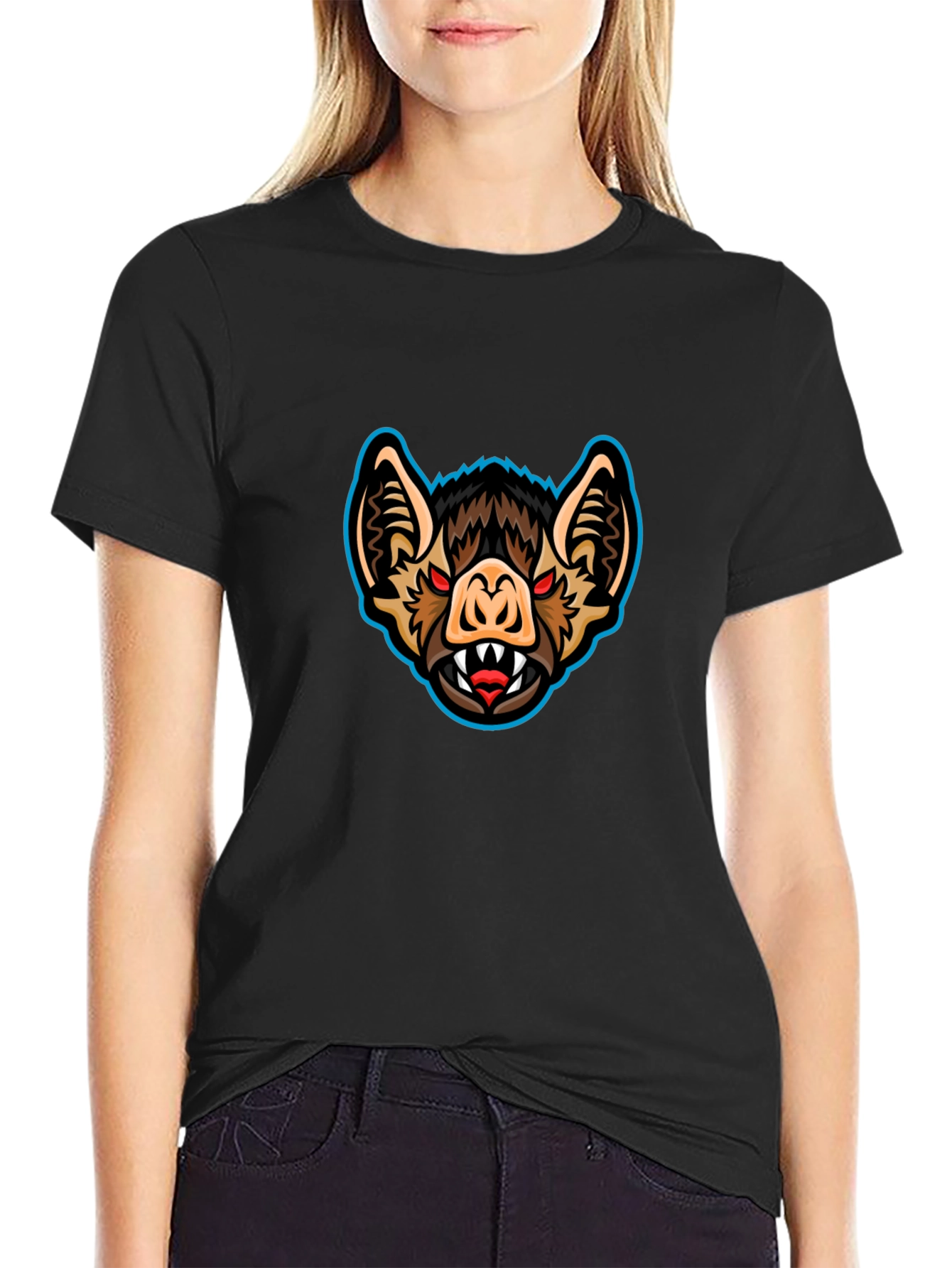 Mens Black T-Shirt with Bat Graphic Print
