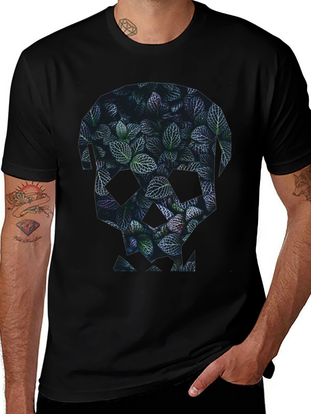 Botanical Skull Graphic Tee - Modern Mens Black T-Shirt