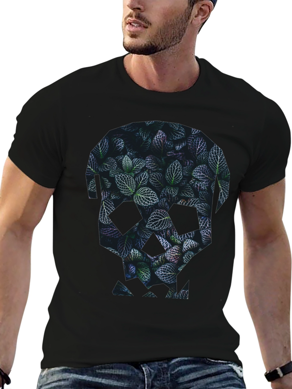 Botanical Skull Graphic Tee - Modern Mens Black T-Shirt