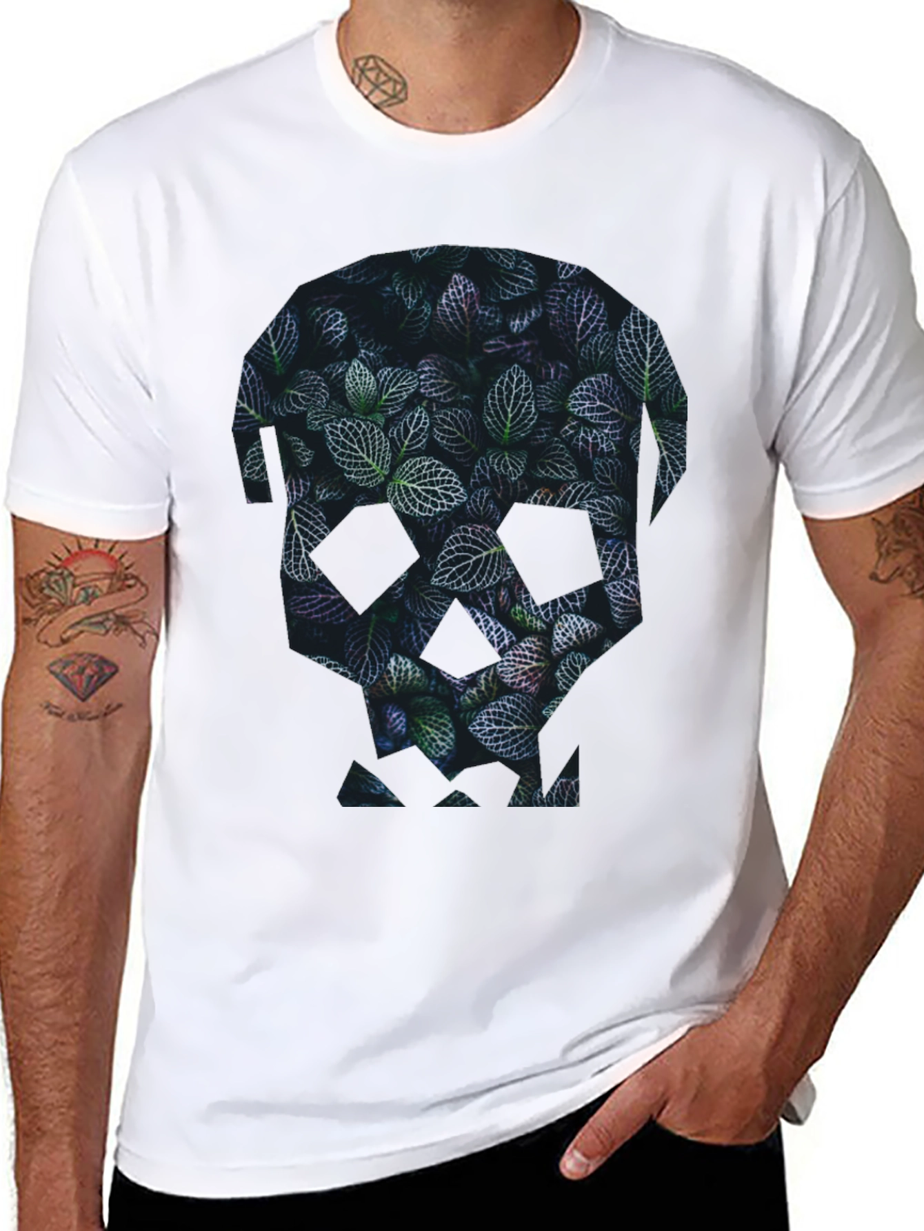 Botanical Skull Graphic Tee - Modern Mens Black T-Shirt