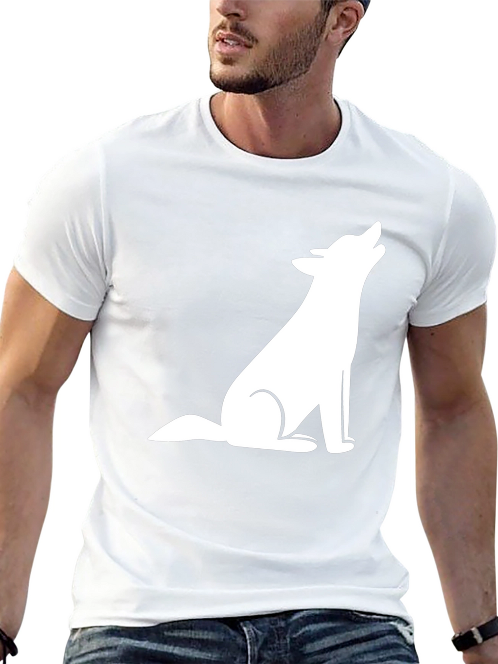 Mens Black T-Shirt with White Wolf Graphic