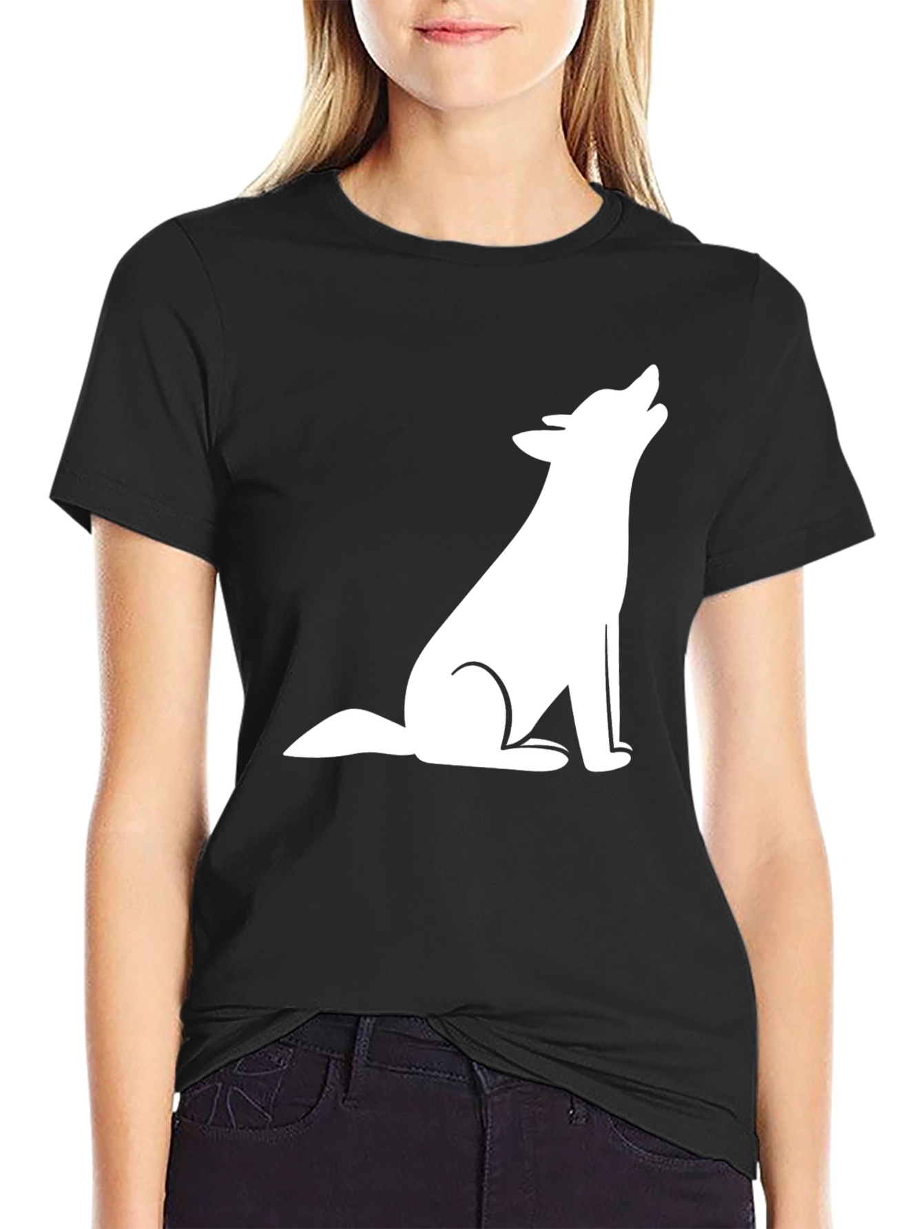 Mens Black T-Shirt with White Wolf Graphic