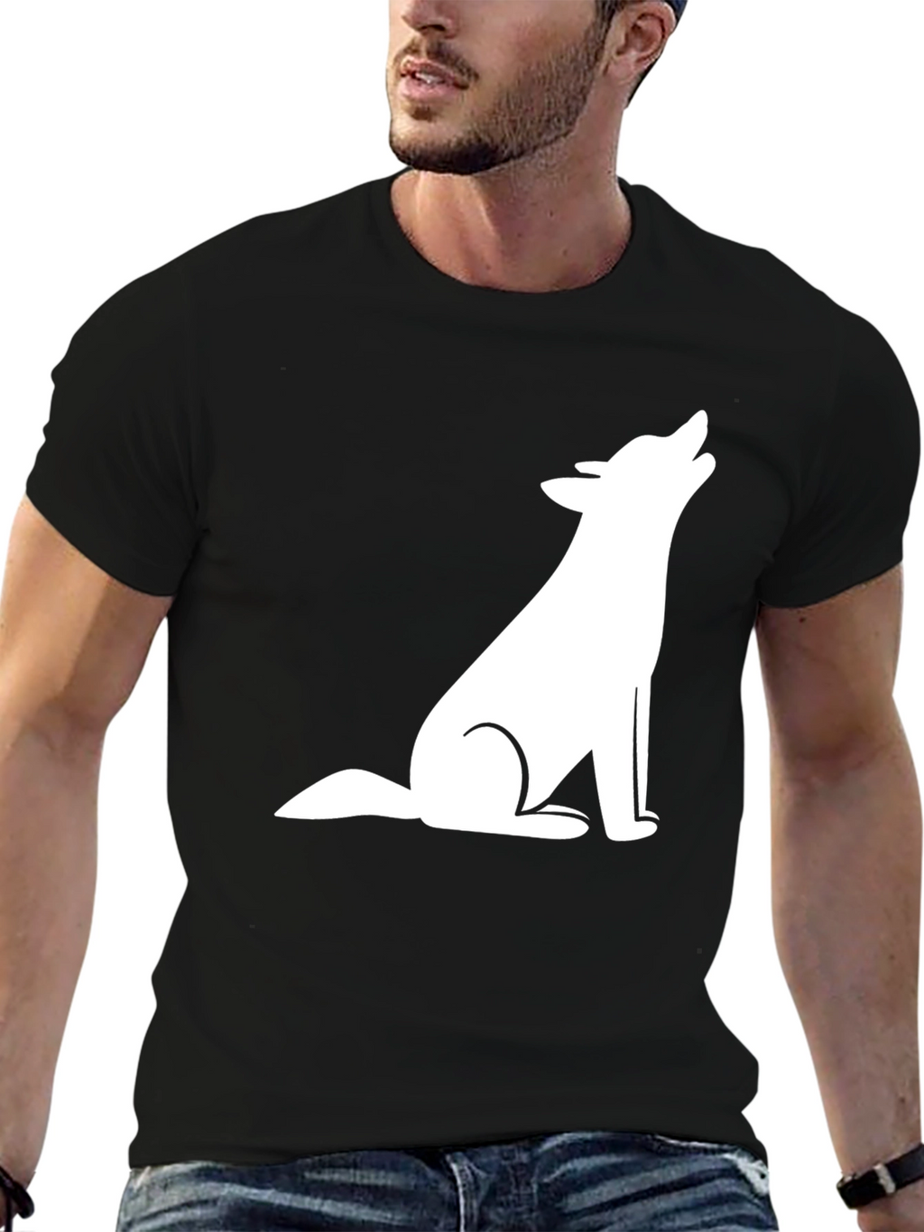 Mens Black T-Shirt with White Wolf Graphic