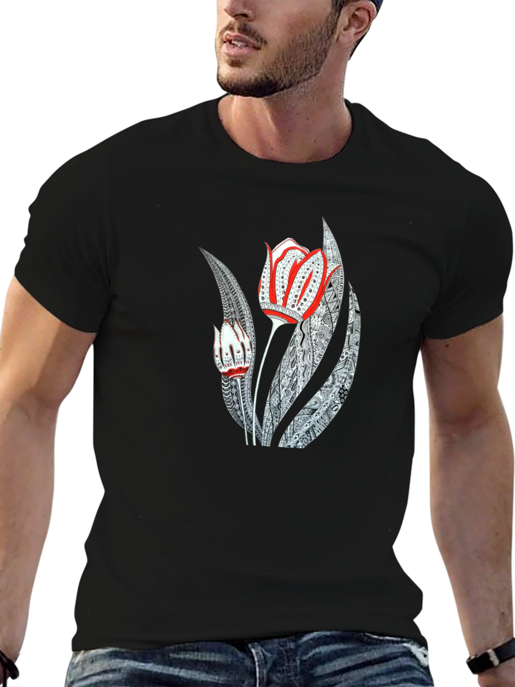 Artistic Floral Graphic Print Black Tee