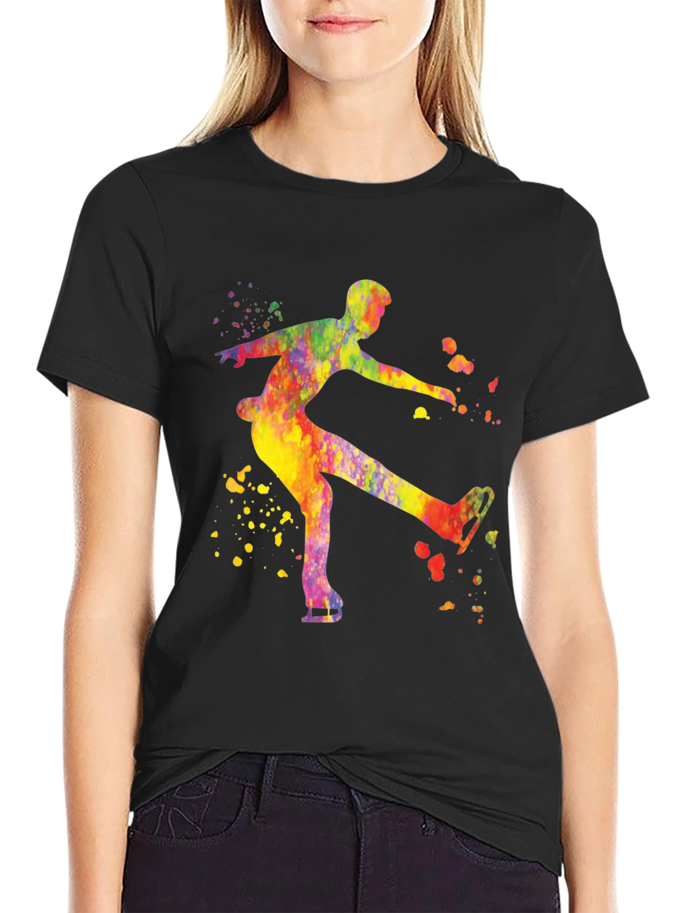 Watercolor Ice Skater Black T-Shirt