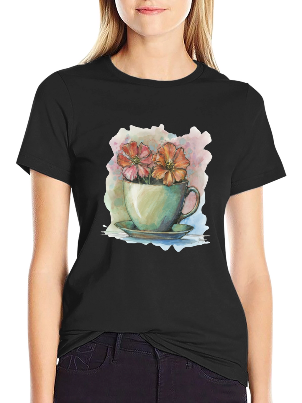 Floral Teacup Graphic Tee - Artistic Casual Wear