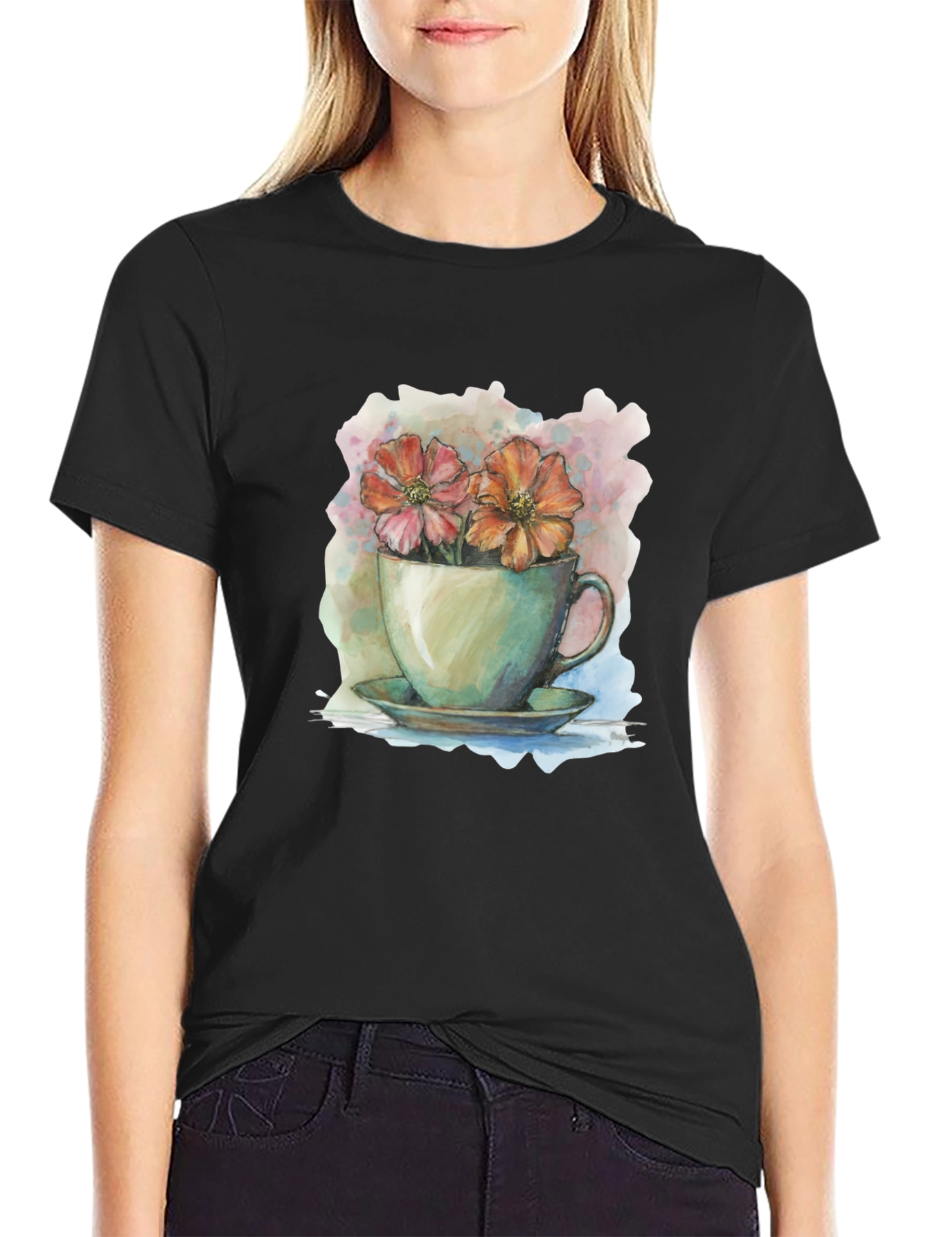 Floral Teacup Graphic Tee - Artistic Casual Wear
