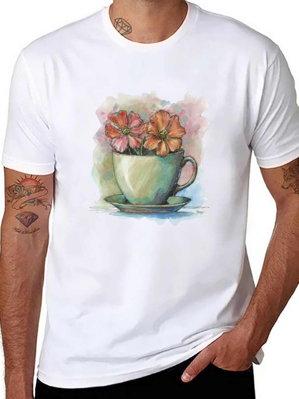 Floral Teacup Graphic Tee - Artistic Casual Wear