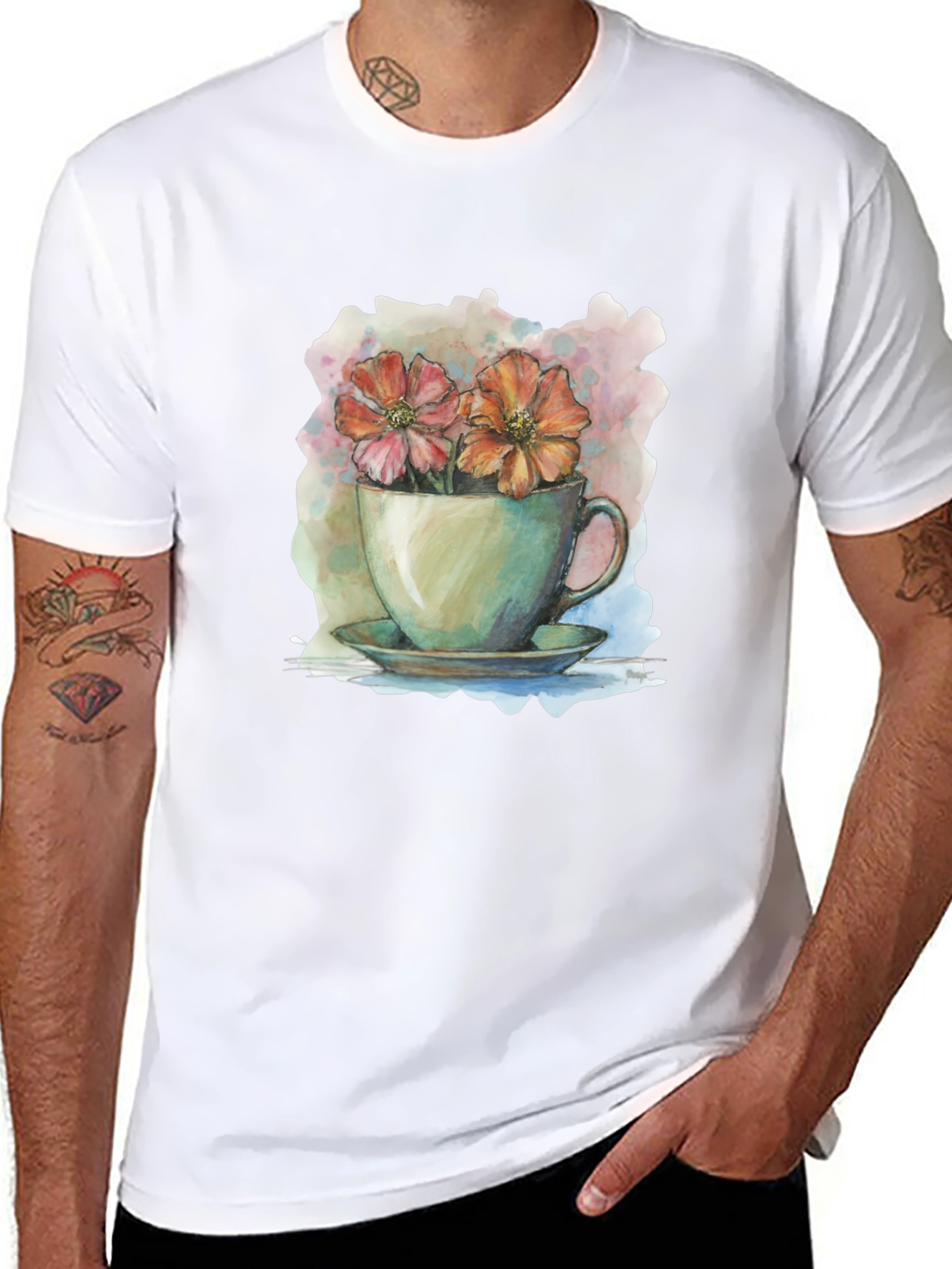 Floral Teacup Graphic Tee - Artistic Casual Wear