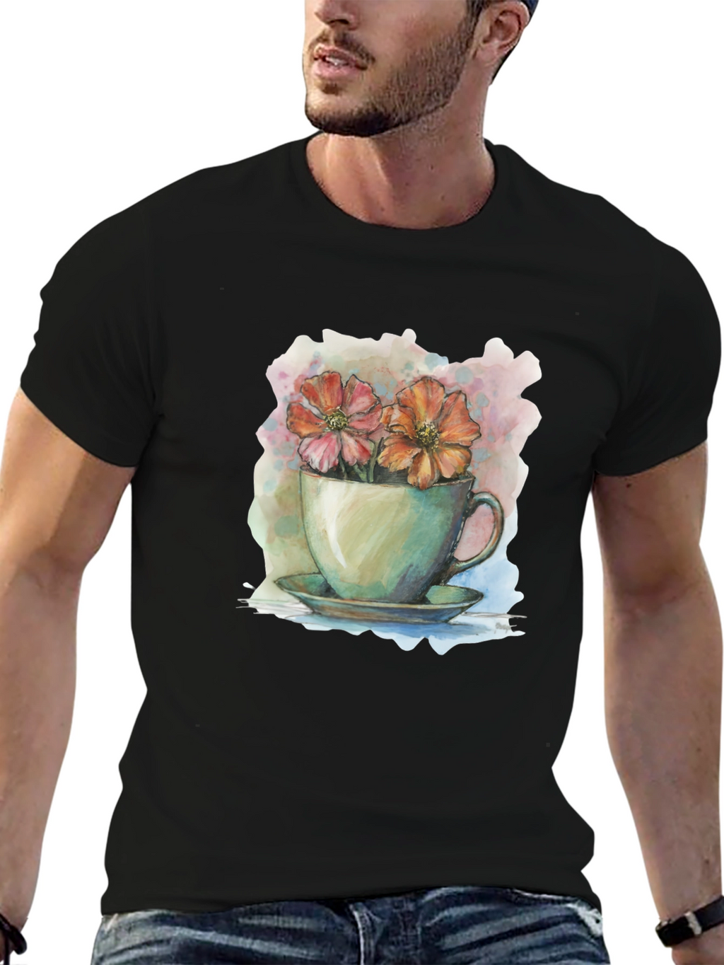 Floral Teacup Graphic Tee - Artistic Casual Wear