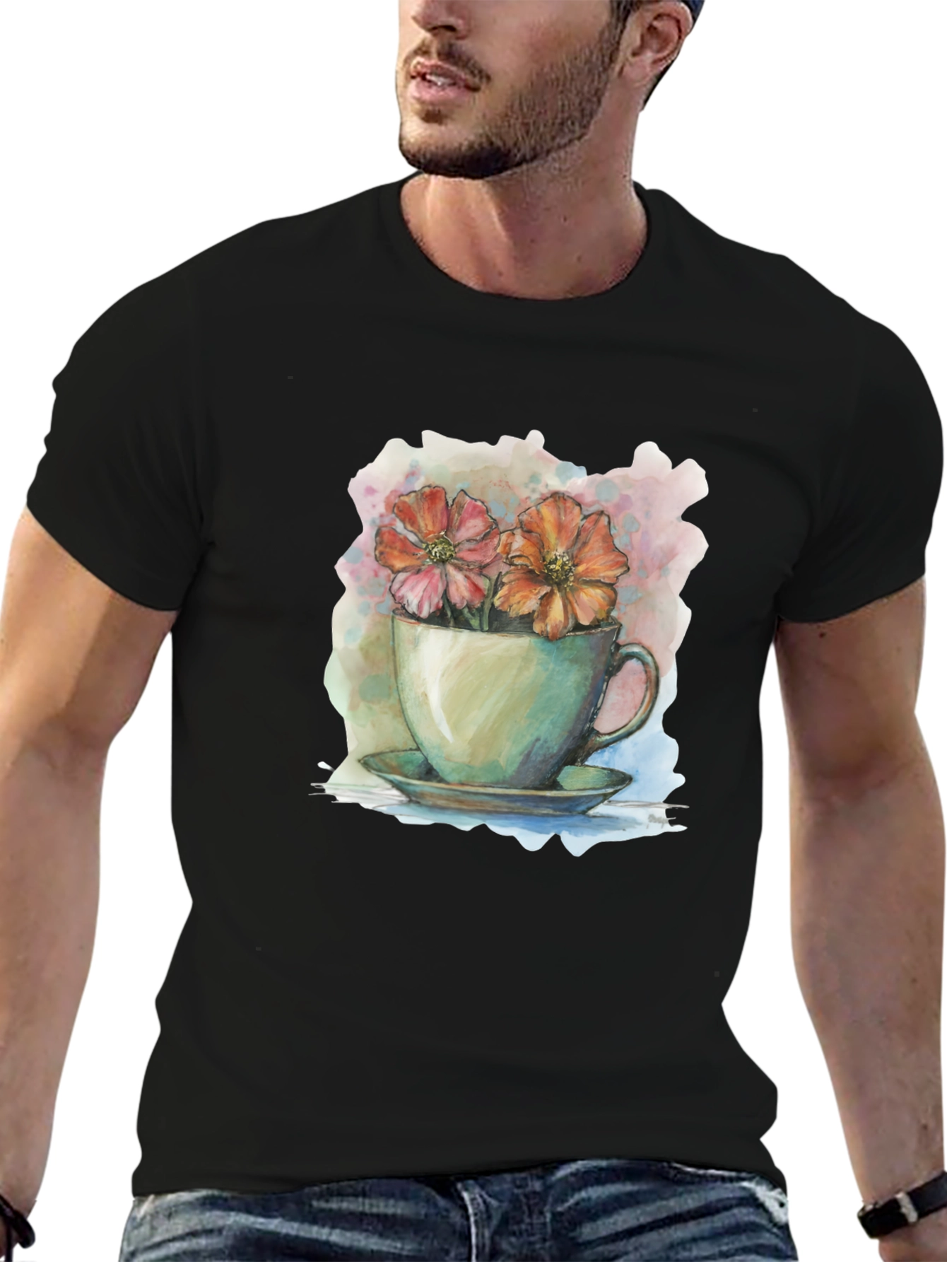 Floral Teacup Graphic Tee - Artistic Casual Wear
