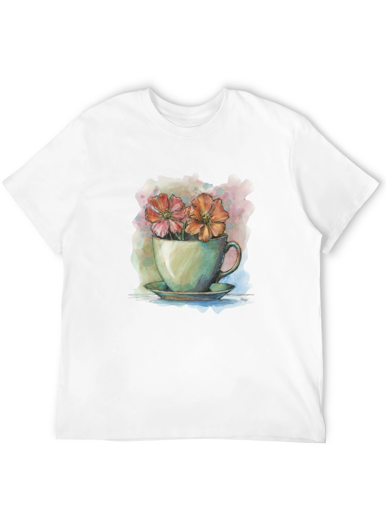 Floral Teacup Graphic Tee - Artistic Casual Wear